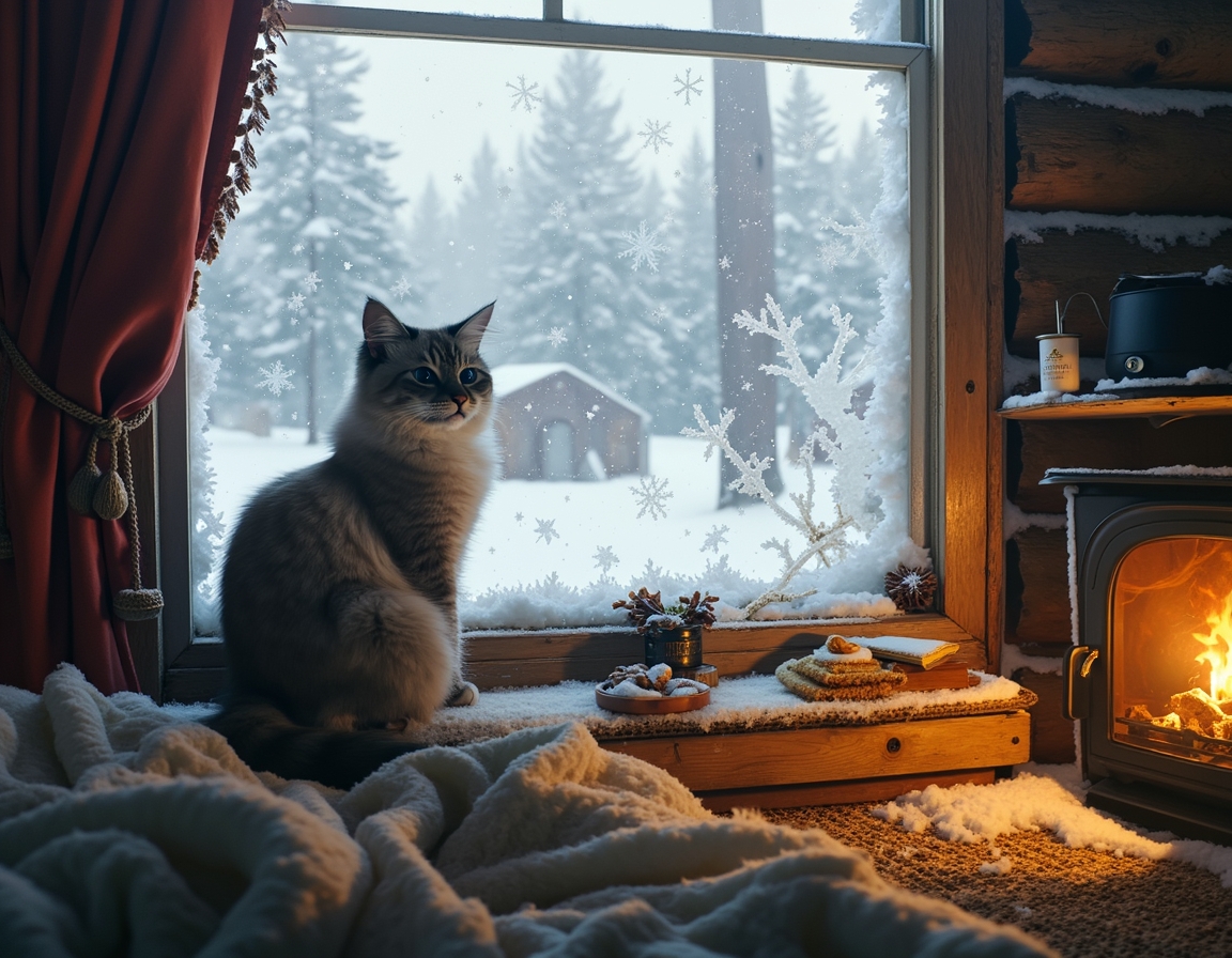 Cat looks out a frosted window at the snowy world outside, while the cozy warmth of the cabin and the glow of the fireplace create a peaceful, inviting atmosphere.